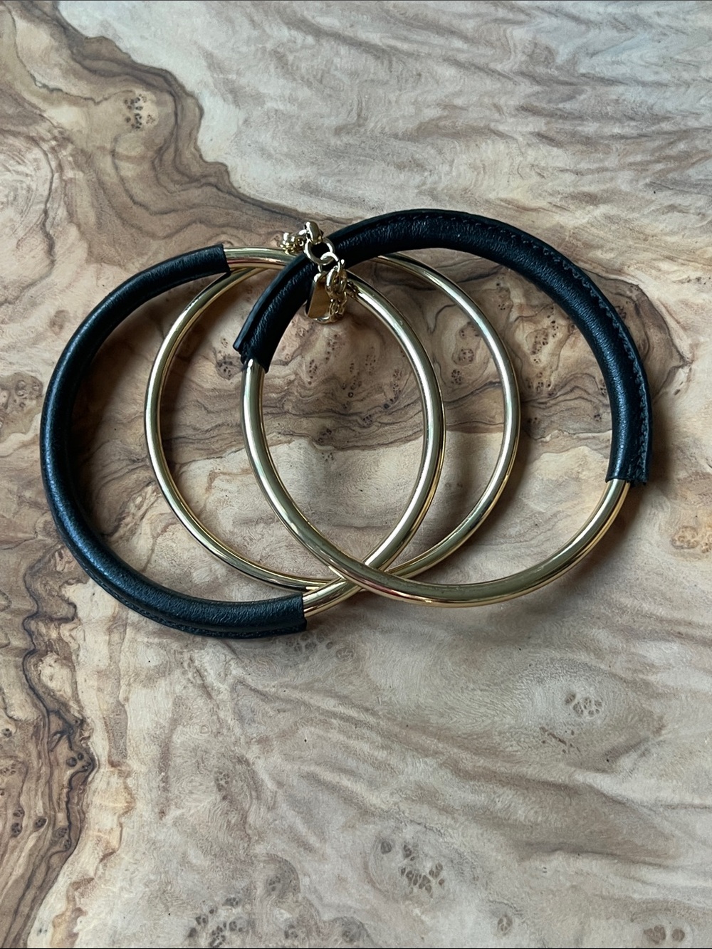 Lauren Ralph Lauren Black Leather and Gold Linked Bangle Set